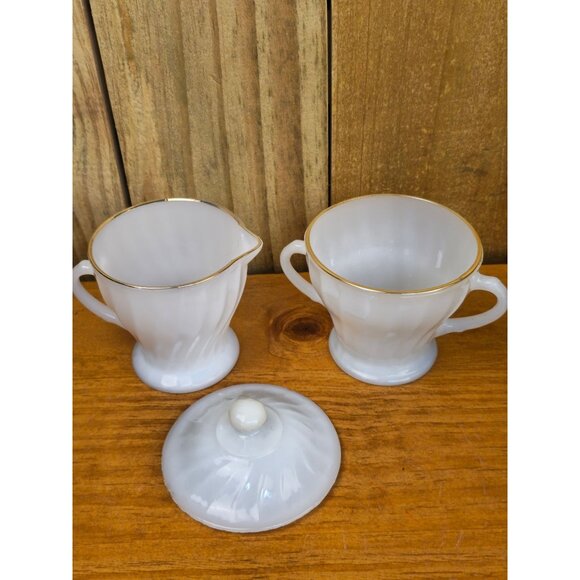 Vintage Anchor Hocking Fire-King Swirl Milk Glass Creamer and Covered Sugar Bowl - Picture 5 of 12